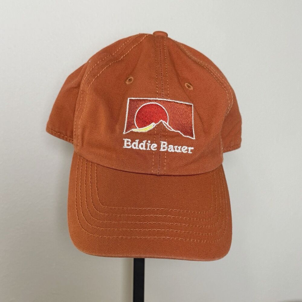 NWOT Eddie Bauer Dad Hat Embroidered Mountain Sunrise Logo Hat Adjustable Orange